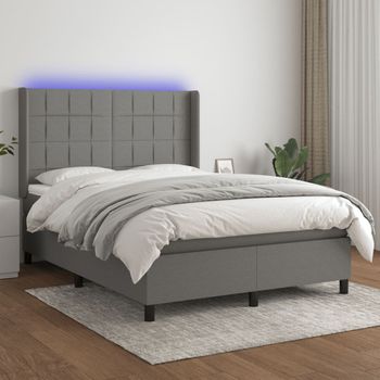 Cama Doble | Cama Para Adultos | Cama Box Spring Colchón Y Luces Led Tela Gris Oscuro 140x190 Cm Cfw1550590