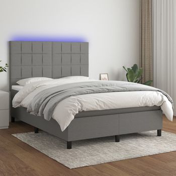 Cama Doble | Cama Para Adultos | Cama Box Spring Colchón Y Luces Led Tela Gris Oscuro 140x190 Cm Cfw6239645