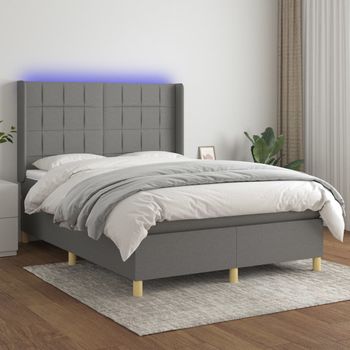 Cama Doble | Cama Para Adultos | Cama Box Spring Colchón Y Luces Led Tela Gris Oscuro 140x190 Cm Cfw9793618