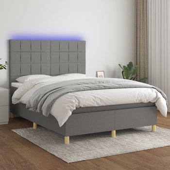 Cama Doble | Cama Para Adultos | Cama Box Spring Colchón Y Luces Led Tela Gris Oscuro 140x200 Cm Cfw4620919