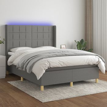 Cama Doble | Cama Para Adultos | Cama Box Spring Colchón Y Luces Led Tela Gris Oscuro 140x200 Cm Cfw8692467