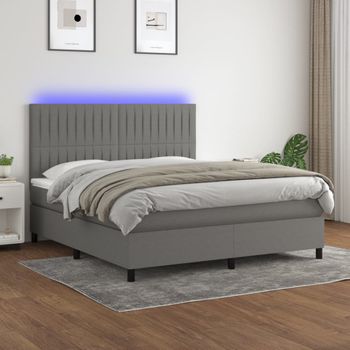 Cama Doble | Cama Para Adultos | Cama Box Spring Colchón Y Luces Led Tela Gris Oscuro 160x200 Cm Cfw2007756