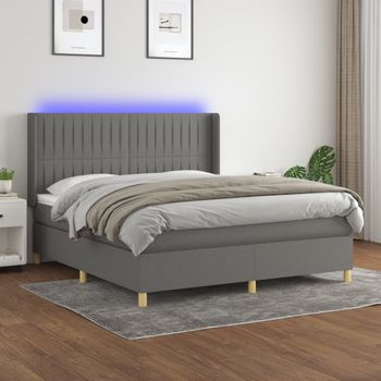 Cama Doble | Cama Para Adultos | Cama Box Spring Colchón Y Luces Led Tela Gris Oscuro 160x200 Cm Cfw4718173