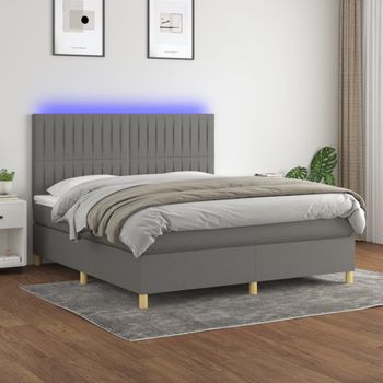 Cama Doble | Cama Para Adultos | Cama Box Spring Colchón Y Luces Led Tela Gris Oscuro 160x200 Cm Cfw2623483