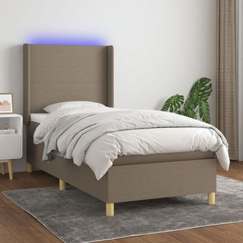 Cama Individual | Cama Para Adultos | Cama Box Spring Colchón Y Luces Led Tela Gris Taupe 100x200 Cm Cfw8466093