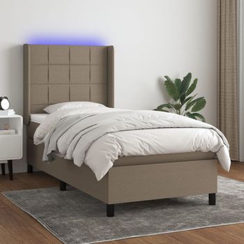 Cama Individual | Cama Para Adultos | Cama Box Spring Colchón Y Luces Led Tela Gris Taupe 100x200 Cm Cfw5888485