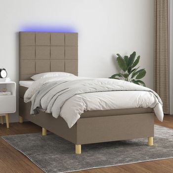 Cama Individual | Cama Para Adultos | Cama Box Spring Colchón Y Luces Led Tela Gris Taupe 100x200 Cm Cfw3565462