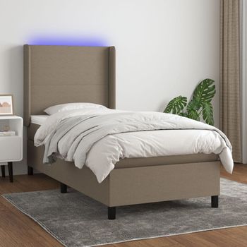 Cama Individual | Cama Para Adultos | Cama Box Spring Colchón Y Luces Led Tela Gris Taupe 100x200 Cm Cfw4092912