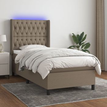 Cama Individual | Cama Para Adultos | Cama Box Spring Colchón Y Luces Led Tela Gris Taupe 100x200 Cm Cfw5024267