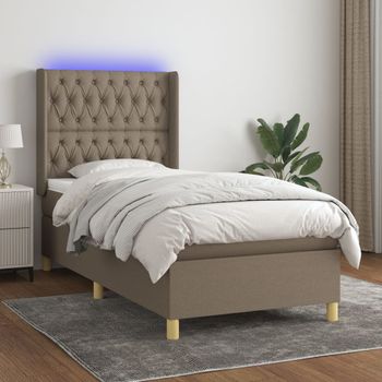 Cama Individual | Cama Para Adultos | Cama Box Spring Colchón Y Luces Led Tela Gris Taupe 100x200 Cm Cfw4892059