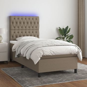 Cama Individual | Cama Para Adultos | Cama Box Spring Colchón Y Luces Led Tela Gris Taupe 100x200 Cm Cfw1117190