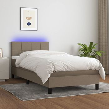 Cama Individual | Cama Para Adultos | Cama Box Spring Colchón Y Luces Led Tela Gris Taupe 100x200 Cm Cfw7317483