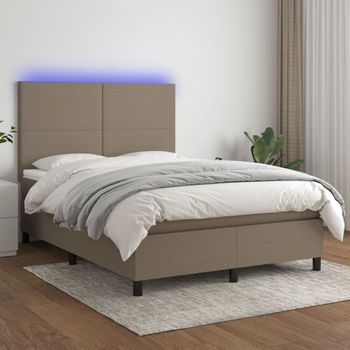 Cama Doble | Cama Para Adultos | Cama Box Spring Colchón Y Luces Led Tela Gris Taupe 140x190 Cm Cfw8476574