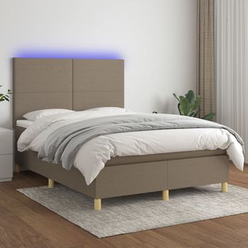 Cama Doble | Cama Para Adultos | Cama Box Spring Colchón Y Luces Led Tela Gris Taupe 140x190 Cm Cfw3944488