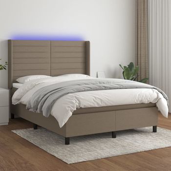 Cama Doble | Cama Para Adultos | Cama Box Spring Colchón Y Luces Led Tela Gris Taupe 140x190 Cm Cfw2272956