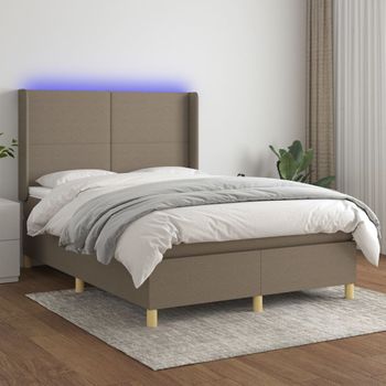 Cama Doble | Cama Para Adultos | Cama Box Spring Colchón Y Luces Led Tela Gris Taupe 140x190 Cm Cfw5429113