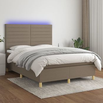 Cama Doble | Cama Para Adultos | Cama Box Spring Colchón Y Luces Led Tela Gris Taupe 140x190 Cm Cfw5113490