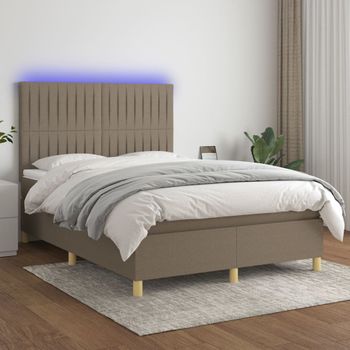 Cama Doble | Cama Para Adultos | Cama Box Spring Colchón Y Luces Led Tela Gris Taupe 140x190 Cm Cfw2794510