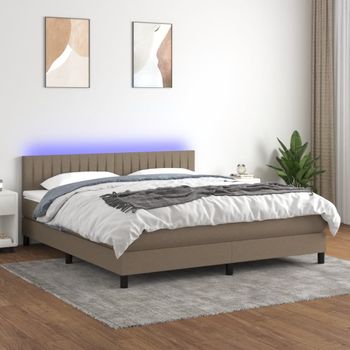 Cama Doble | Cama Para Adultos | Cama Box Spring Colchón Y Luces Led Tela Gris Taupe 180x200 Cm Cfw2159889