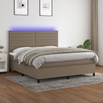 Cama Doble | Cama Para Adultos | Cama Box Spring Colchón Y Luces Led Tela Gris Taupe 180x200 Cm Cfw2382234