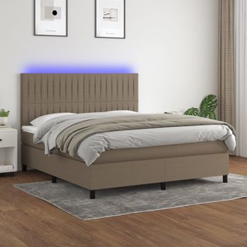 Cama Doble | Cama Para Adultos | Cama Box Spring Colchón Y Luces Led Tela Gris Taupe 180x200 Cm Cfw4303798