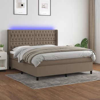 Cama Doble | Cama Para Adultos | Cama Box Spring Colchón Y Luces Led Tela Gris Taupe 180x200 Cm Cfw9306419