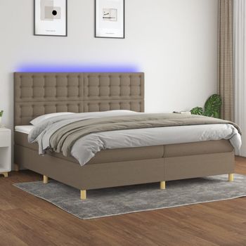 Cama Doble | Cama Para Adultos | Cama Box Spring Colchón Y Luces Led Tela Gris Taupe 200x200 Cm Cfw7809809