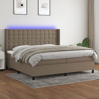 Cama Doble | Cama Para Adultos | Cama Box Spring Colchón Y Luces Led Tela Gris Taupe 200x200 Cm Cfw5355945