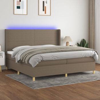 Cama Doble | Cama Para Adultos | Cama Box Spring Colchón Y Luces Led Tela Gris Taupe 200x200 Cm Cfw1511393