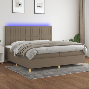 Cama Doble | Cama Para Adultos | Cama Box Spring Colchón Y Luces Led Tela Gris Taupe 200x200 Cm Cfw7089451