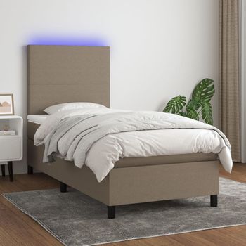 Cama Individual | Cama Para Adultos | Cama Box Spring Colchón Y Luces Led Tela Gris Taupe 90x190 Cm Cfw5291571