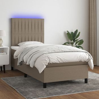 Cama Individual | Cama Para Adultos | Cama Box Spring Colchón Y Luces Led Tela Gris Taupe 90x190 Cm Cfw8681163