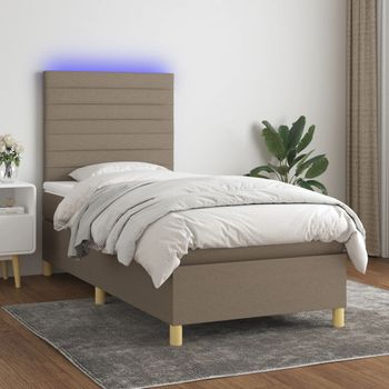 Cama Individual | Cama Para Adultos | Cama Box Spring Colchón Y Luces Led Tela Gris Taupe 90x190 Cm Cfw7624508