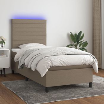 Cama Individual | Cama Para Adultos | Cama Box Spring Colchón Y Luces Led Tela Gris Taupe 90x190 Cm Cfw2879345