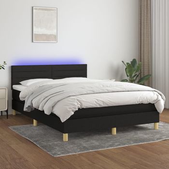 Cama Doble | Cama Para Adultos | Cama Box Spring Colchón Y Luces Led Tela Negro 140x190 Cm Cfw1129946