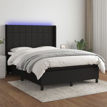 Cama Doble | Cama Para Adultos | Cama Box Spring Colchón Y Luces Led Tela Negro 140x190 Cm Cfw4744844