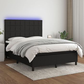 Cama Doble | Cama Para Adultos | Cama Box Spring Colchón Y Luces Led Tela Negro 140x190 Cm Cfw6636025