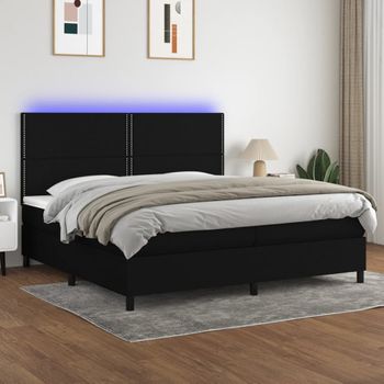 Cama Doble | Cama Para Adultos | Cama Box Spring Colchón Y Luces Led Tela Negro 200x200 Cm Cfw6726149