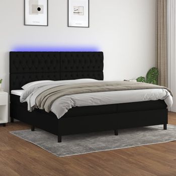 Cama Doble | Cama Para Adultos | Cama Box Spring Colchón Y Luces Led Tela Negro 200x200 Cm Cfw2074447