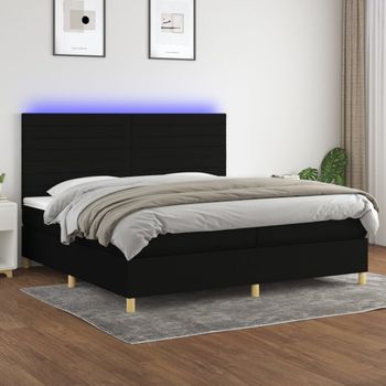 Cama Doble | Cama Para Adultos | Cama Box Spring Colchón Y Luces Led Tela Negro 200x200 Cm Cfw7915945