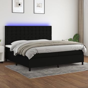 Cama Doble | Cama Para Adultos | Cama Box Spring Colchón Y Luces Led Tela Negro 200x200 Cm Cfw3274620