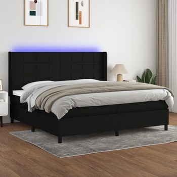 Cama Doble | Cama Para Adultos | Cama Box Spring Colchón Y Luces Led Tela Negro 200x200 Cm Cfw9880009