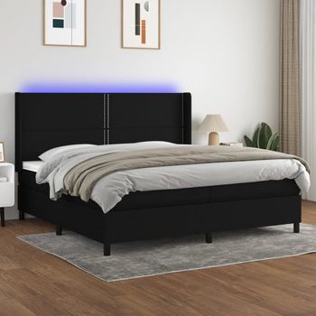 Cama Doble | Cama Para Adultos | Cama Box Spring Colchón Y Luces Led Tela Negro 200x200 Cm Cfw3943706