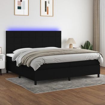 Cama Doble | Cama Para Adultos | Cama Box Spring Colchón Y Luces Led Tela Negro 200x200 Cm Cfw7307445