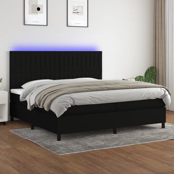 Cama Doble | Cama Para Adultos | Cama Box Spring Colchón Y Luces Led Tela Negro 200x200 Cm Cfw8014801