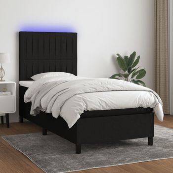 Cama Individual | Cama Para Adultos | Cama Box Spring Colchón Y Luces Led Tela Negro 80x200 Cm Cfw3997986