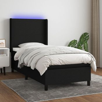 Cama Individual | Cama Para Adultos | Cama Box Spring Colchón Y Luces Led Tela Negro 80x200 Cm Cfw1679344