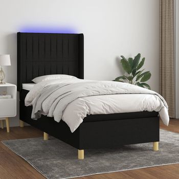 Cama Individual | Cama Para Adultos | Cama Box Spring Colchón Y Luces Led Tela Negro 80x200 Cm Cfw2976839