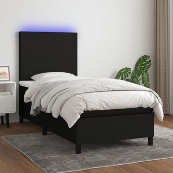 Cama Individual | Cama Para Adultos | Cama Box Spring Colchón Y Luces Led Tela Negro 80x200 Cm Cfw4873217