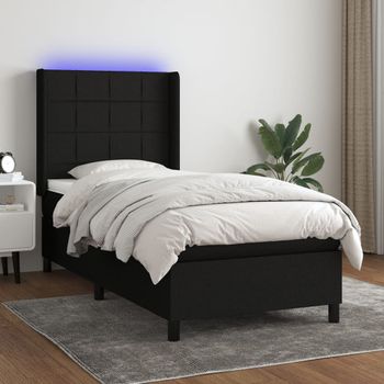 Cama Individual | Cama Para Adultos | Cama Box Spring Colchón Y Luces Led Tela Negro 80x200 Cm Cfw9615203